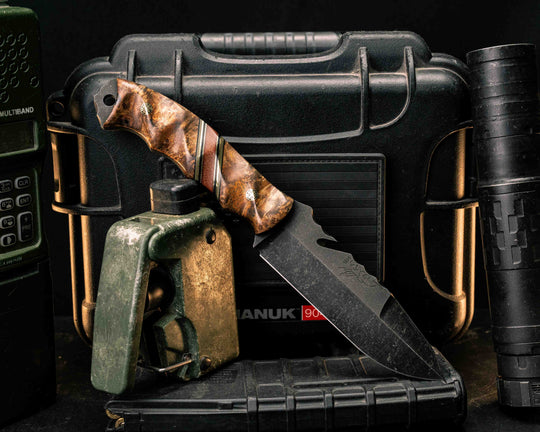 Notched Wire Cutter Breacher Gen 3- Teak, Black G10, OD Green G10 and Brass Pin Striping, Natural Canvas Micarta Split, Mosaic Pins, Textured Grip