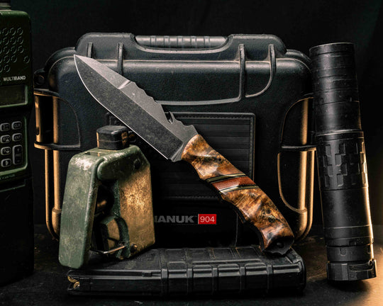 Notched Wire Cutter Breacher Gen 3- Teak, Black G10, OD Green G10 and Brass Pin Striping, Natural Canvas Micarta Split, Mosaic Pins, Textured Grip