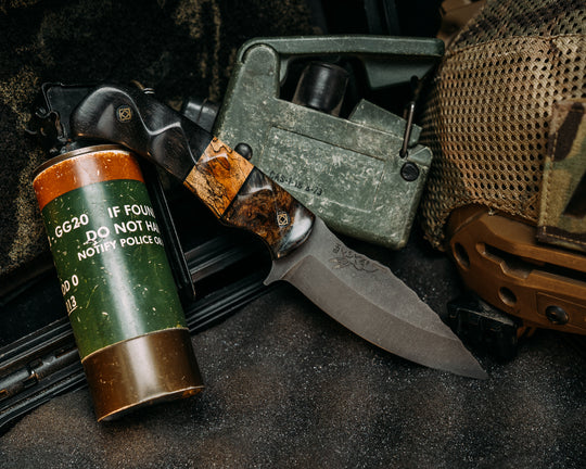 Ishi- Dyed Maple, Black G10 and Spalted Maple Split, African Blackwood, Mosaic Pins, Textured Grip