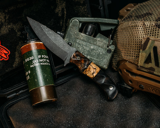 Ishi- Dyed Maple, Black G10 and Spalted Maple Split, African Blackwood, Mosaic Pins, Textured Grip