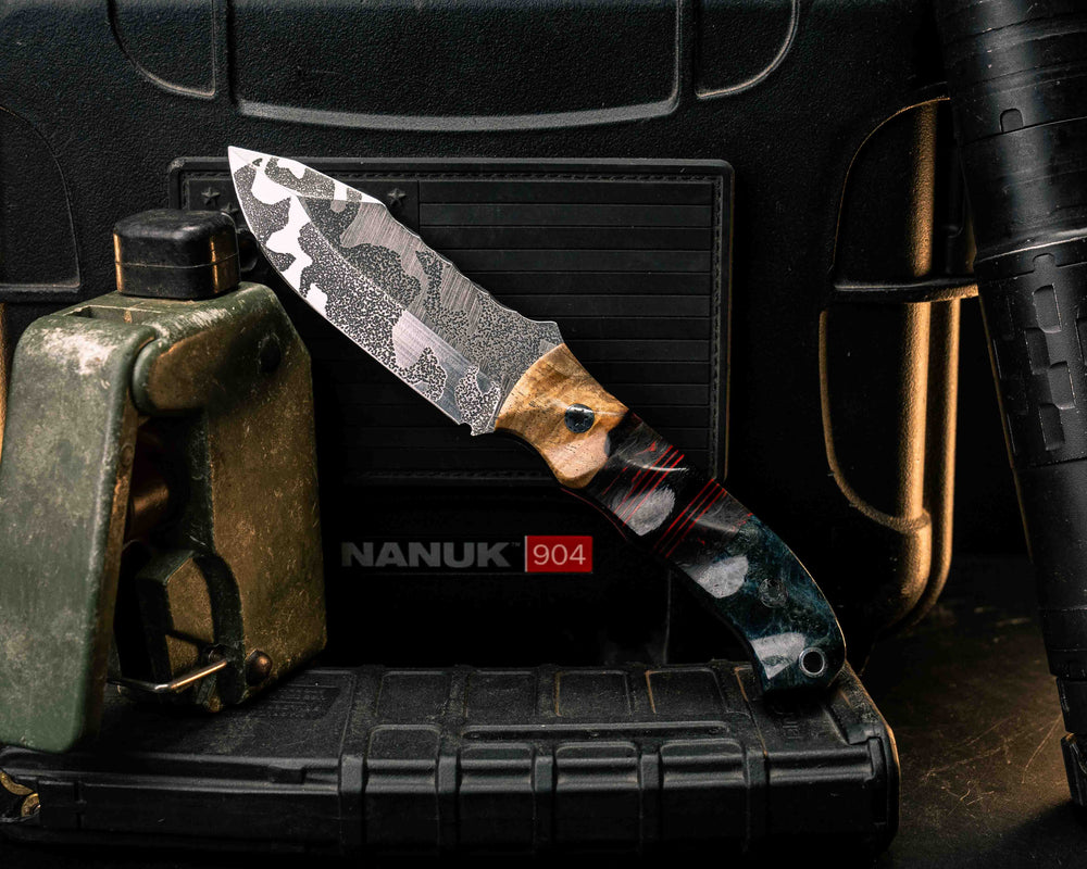 Disaster Cub Gen 3- Spalted Katalox, Cherry G10 and Black G10 Pin Striping, Red Dark Matter Carbon and Black Canvas Micarta Split, Dyed Black Ash, Mosaic Pins, Aluminum Lanyard Pin, Textured Grip