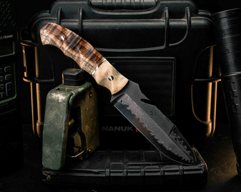 Notched Wire Cutter Breacher Gen 3- Moose Antler, Brass Split, Hawaiian Curly Koa, Mosaic Pins, Textured Grip