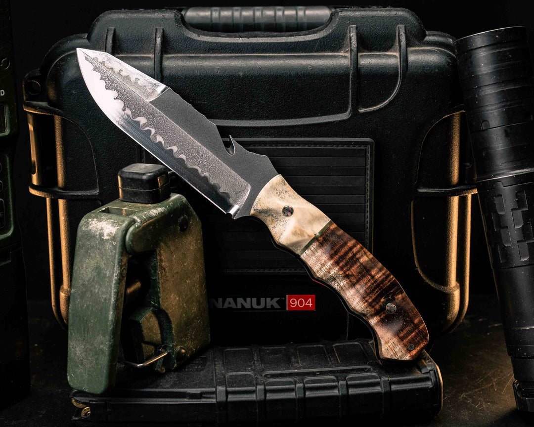 Notched Wire Cutter Breacher Gen 3- Moose Antler, Brass Split, Hawaiian Curly Koa, Mosaic Pins, Textured Grip