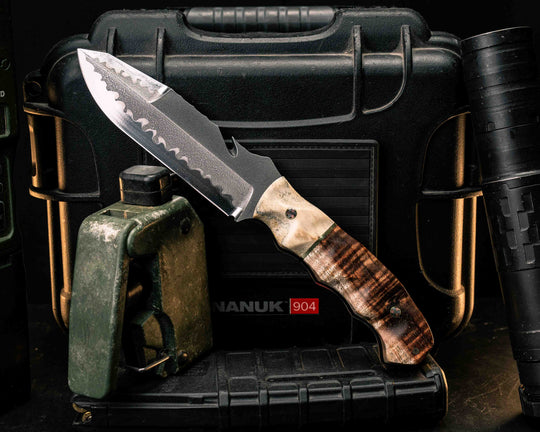 Notched Wire Cutter Breacher Gen 3- Moose Antler, Brass Split, Hawaiian Curly Koa, Mosaic Pins, Textured Grip
