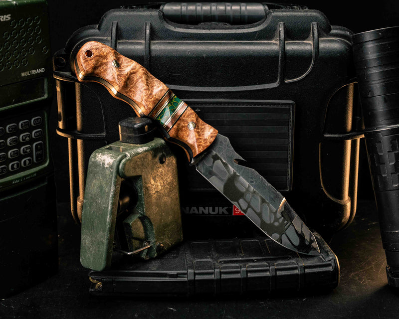 Notched Wire Cutter Breacher Gen 3- Afzelia Burl, Black G10 and Brass Pin Striping, Arizona Jade Tru-stone Split, Mosaic Pins, Copper Lanyard Pin, Textured Grip