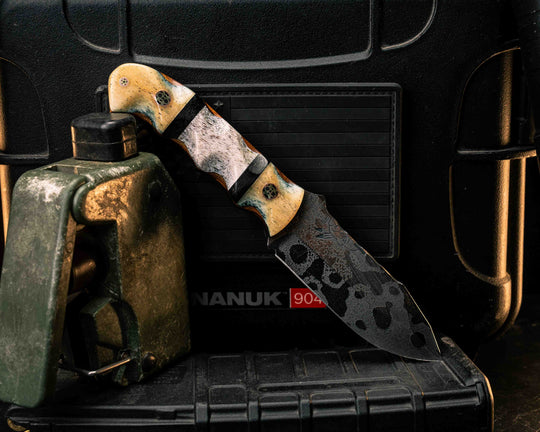 Disaster Cub Gen 3- Dyed Giraffe Bone, Black Canvas Micarta and Elk Antler Split, Over Desert Ironwood, Mosaic Pins, Textured Grip