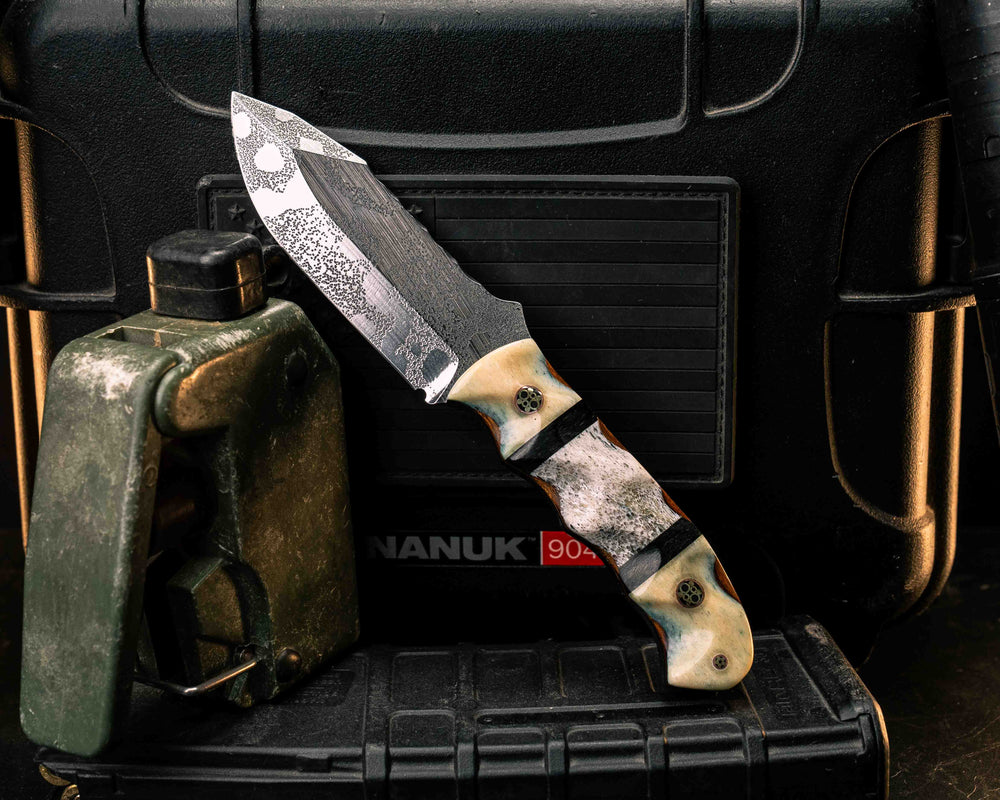 Disaster Cub Gen 3- Dyed Giraffe Bone, Black Canvas Micarta and Elk Antler Split, Over Desert Ironwood, Mosaic Pins, Textured Grip