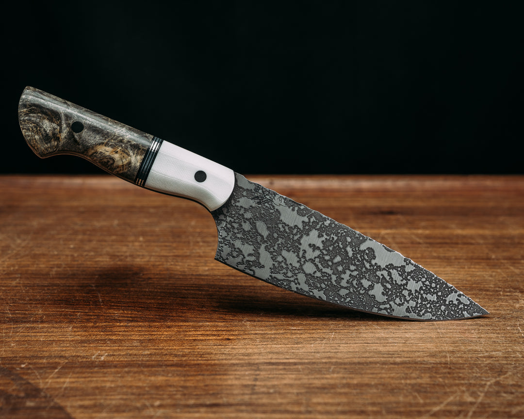 Two Piece Chef Set- White G10, Black G10, OD Green G10 and Aluminum Split, Buckeye Burl, CF Pins, Smooth Grip