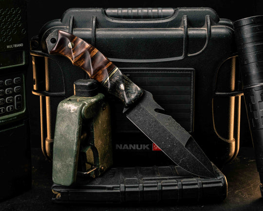 Notched Wire Cutter Breacher Gen 3- Dyed Maple, Black G10, Coyote G10 and Brass Split, Hawaiian Curly Koa, Mosaic Pins, Textured Grip