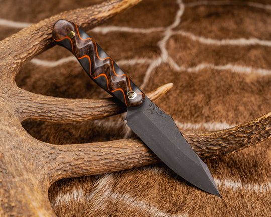 Field Knife (CruWear) - Chechen Caribbean Rosewood Over Orange G10 and Black Dunes Carbon, Pin Wheel Mosaic Pin, Mosaic Pin, Textured Grip
