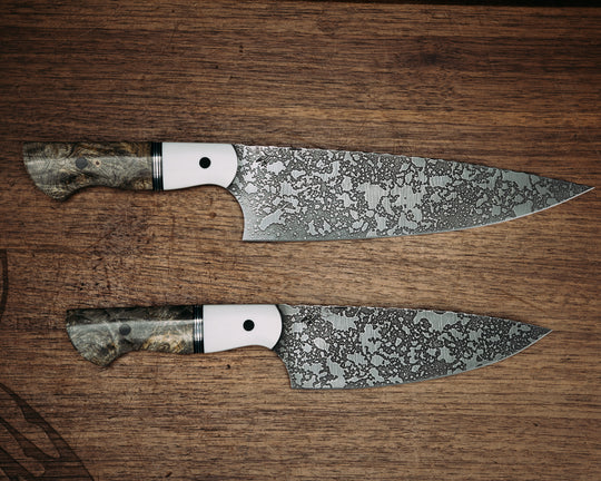 Two Piece Chef Set- White G10, Black G10, OD Green G10 and Aluminum Split, Buckeye Burl, CF Pins, Smooth Grip