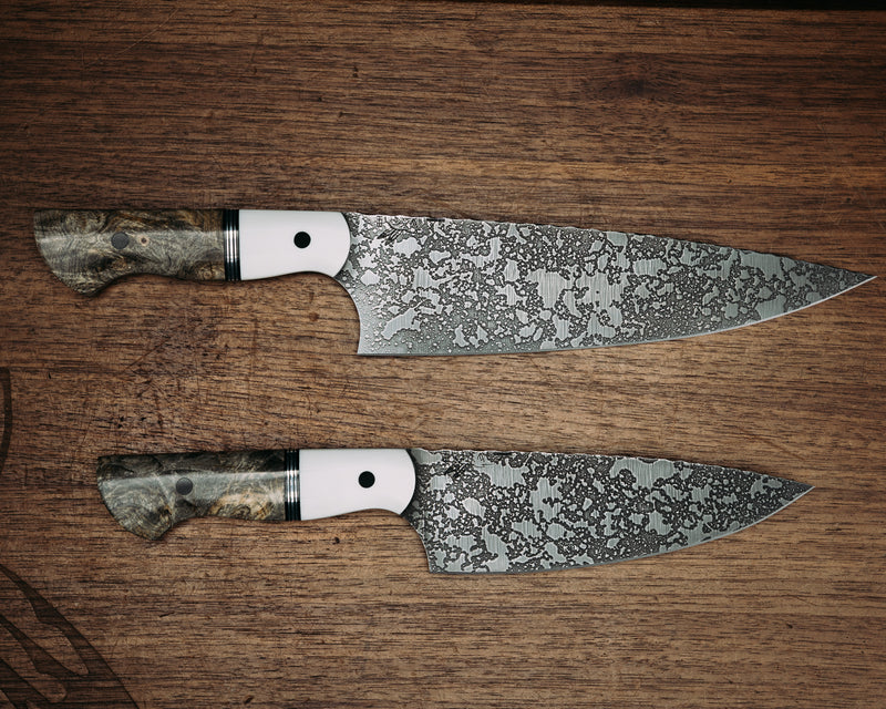 Two Piece Chef Set- White G10, Black G10, OD Green G10 and Aluminum Split, Buckeye Burl, CF Pins, Smooth Grip