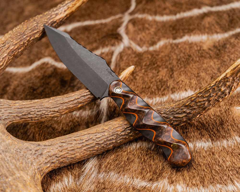Field Knife (CruWear) - Chechen Caribbean Rosewood Over Orange G10 and Black Dunes Carbon, Pin Wheel Mosaic Pin, Mosaic Pin, Textured Grip