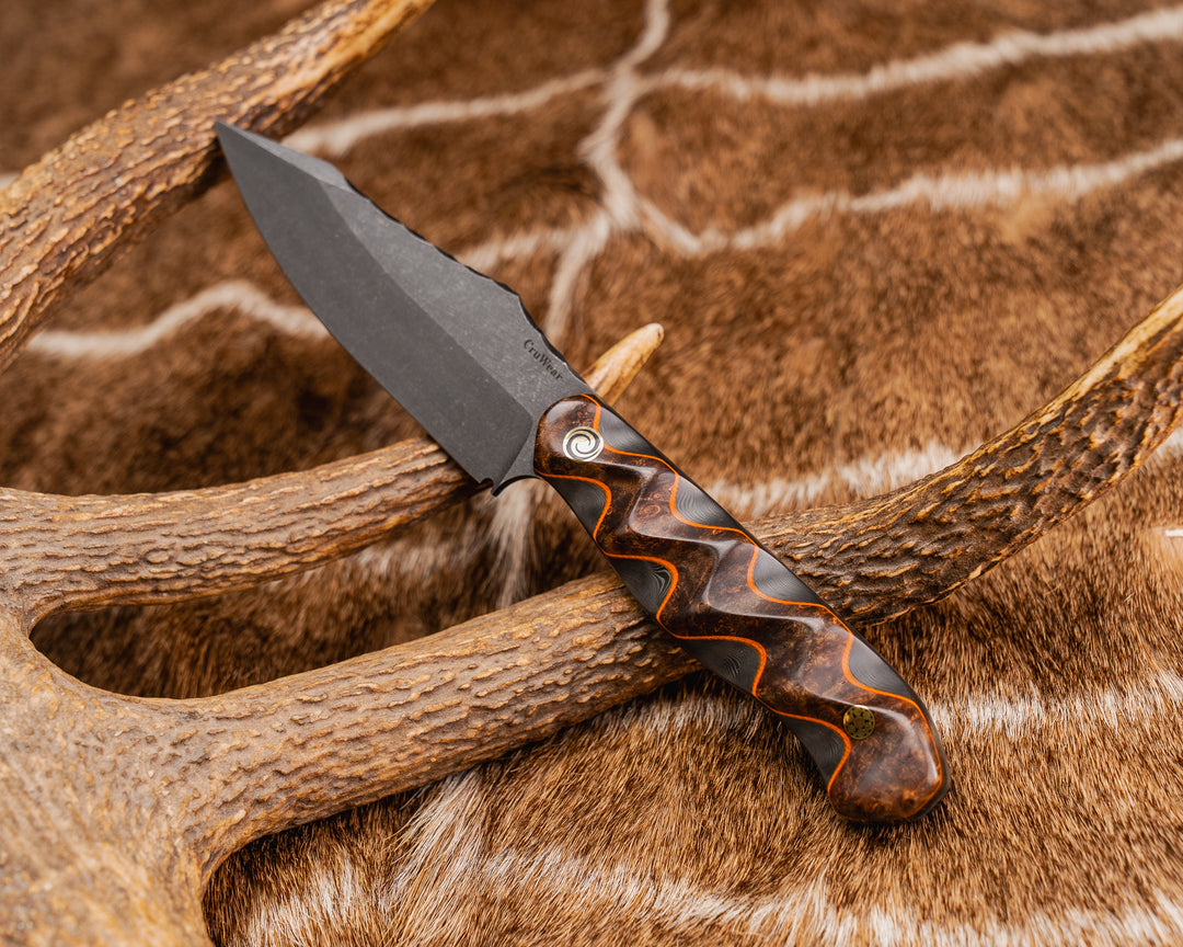 Field Knife (CruWear) - Chechen Caribbean Rosewood Over Orange G10 and Black Dunes Carbon, Pin Wheel Mosaic Pin, Mosaic Pin, Textured Grip