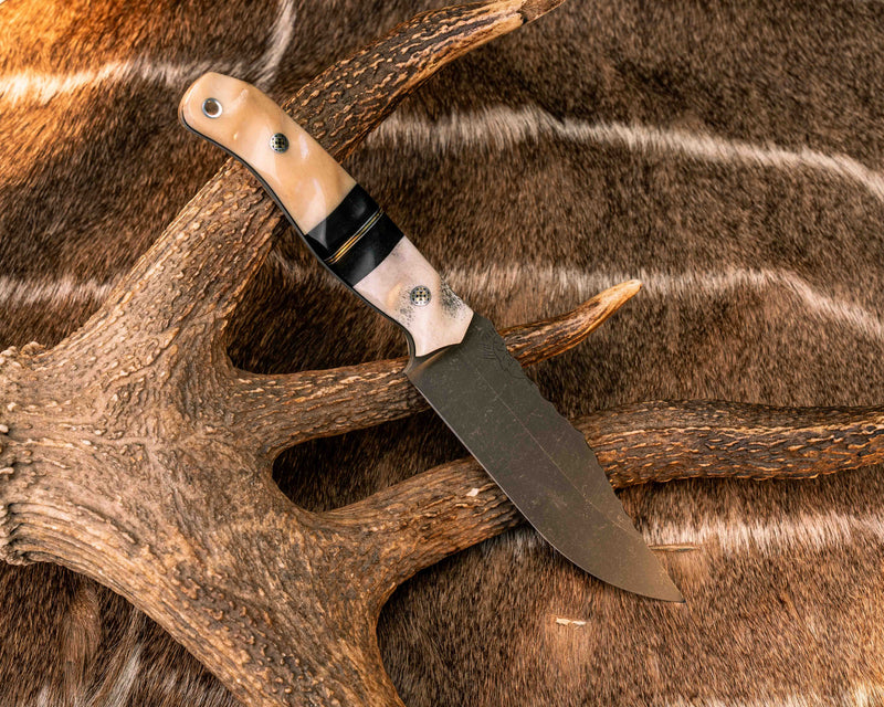 Crow Scout- Elk Antler, Black G10, Aluminum and Brass Pin Striping, Bog Oak and Water Buffalo Split, Moose Antler, Mosaic Pins, Aluminum Lanyard Pin, Textured Grip