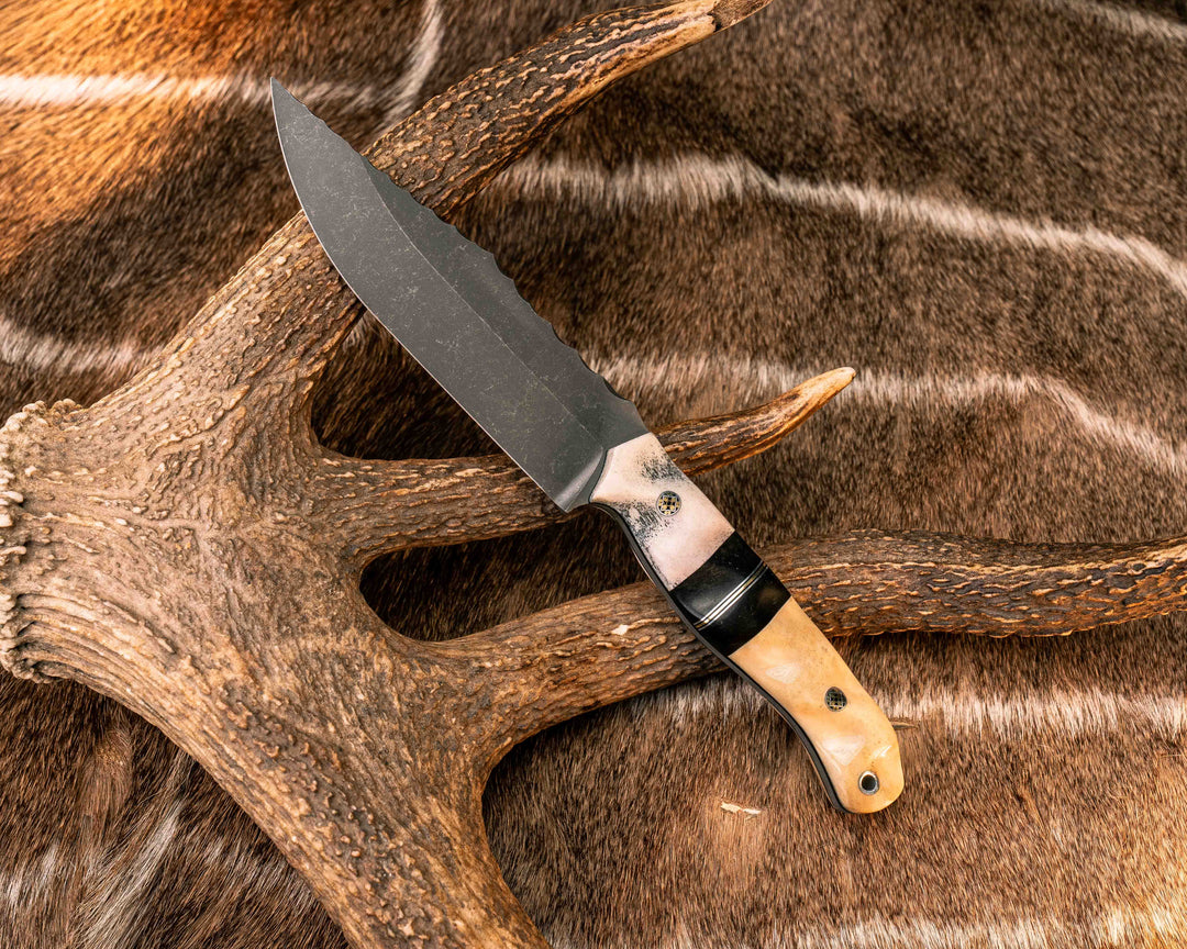 Crow Scout- Elk Antler, Black G10, Aluminum and Brass Pin Striping, Bog Oak and Water Buffalo Split, Moose Antler, Mosaic Pins, Aluminum Lanyard Pin, Textured Grip
