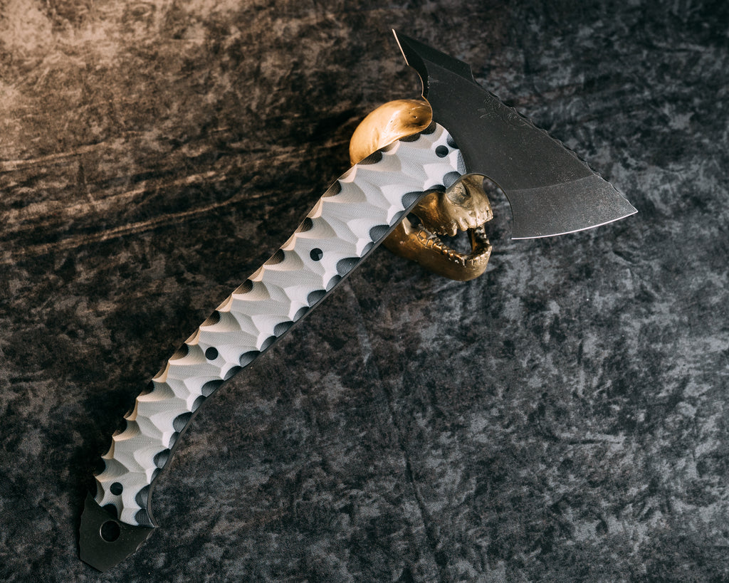 Bleeding Heart Hawk - Gray & Black G10, CF Pins, Chaos Grip, Open Tang w/ Pry Bar.