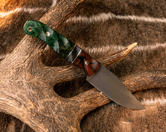 Crow Jr- Desert Ironwood, Black G10 and Brass Pin Striping, Desert Ironwood Split, Dyed Black Ash Burl, Mosaic Pins, Textured Grip