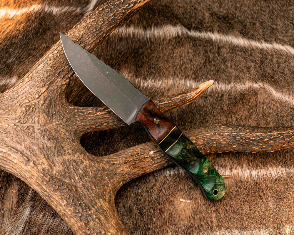 Crow Jr- Desert Ironwood, Black G10 and Brass Pin Striping, Desert Ironwood Split, Dyed Black Ash Burl, Mosaic Pins, Textured Grip