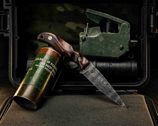 Ryu- Old Stock Damascus- Desert Ironwood, Mosaic Pins, Copper Lanyard Pin, Textured Grip