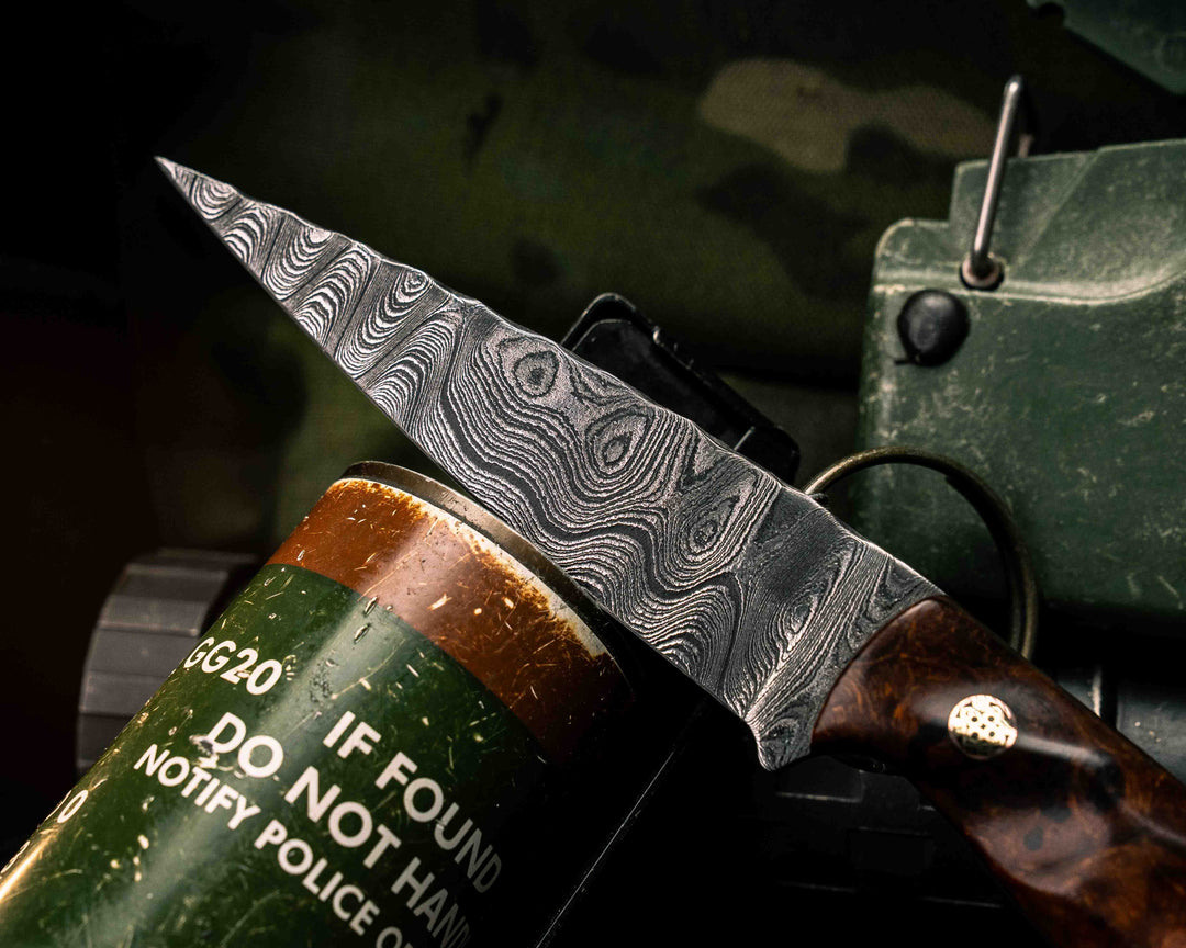 Ryu- Old Stock Damascus- Desert Ironwood, Mosaic Pins, Copper Lanyard Pin, Textured Grip