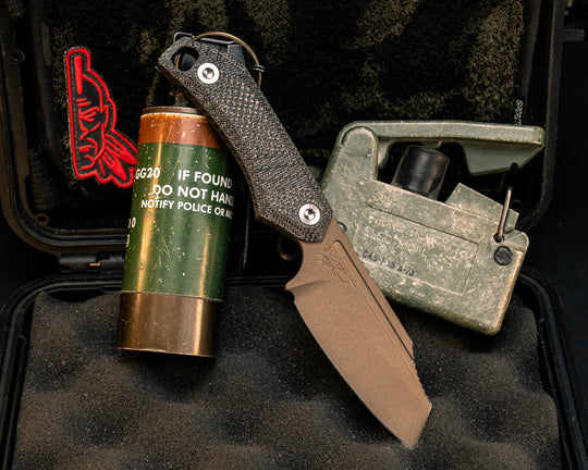 Saxon- Half Face Blades X Grayboe Collab- Black Canvas Micarta, Midnight Bronze Cerakote, Ti Torx Bolts, Jimped Spine, Textured Grip