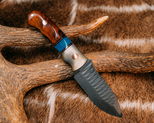 Disaster Cub- Rams Horn, Black G10 and Copper Pin Striping, Turquoise Juma Split, Desert Ironwood, Copper Pins, Grooved Grip