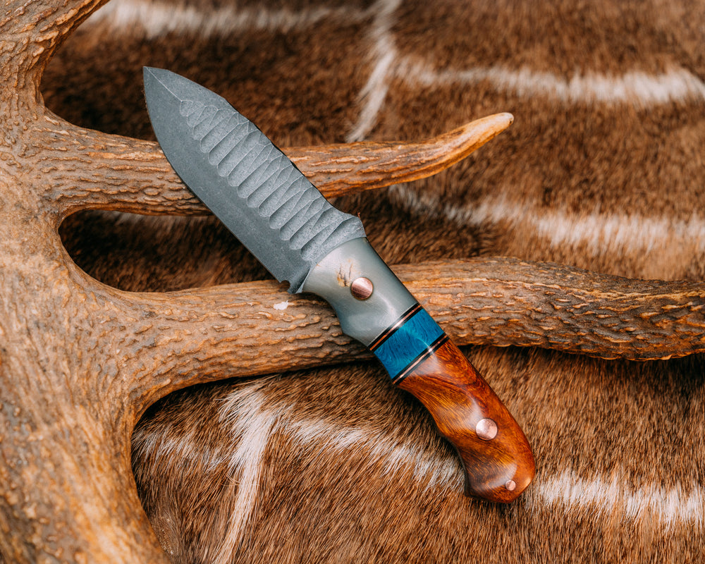 Disaster Cub- Rams Horn, Black G10 and Copper Pin Striping, Turquoise Juma Split, Desert Ironwood, Copper Pins, Grooved Grip