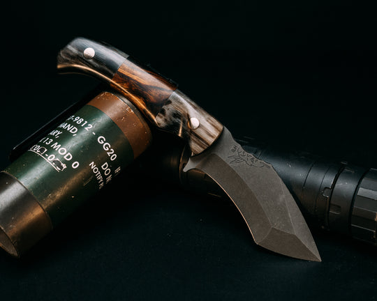 Buteo- Rams Horn, Desert Ironwood Split, Brass Pins, Contoured Grip
