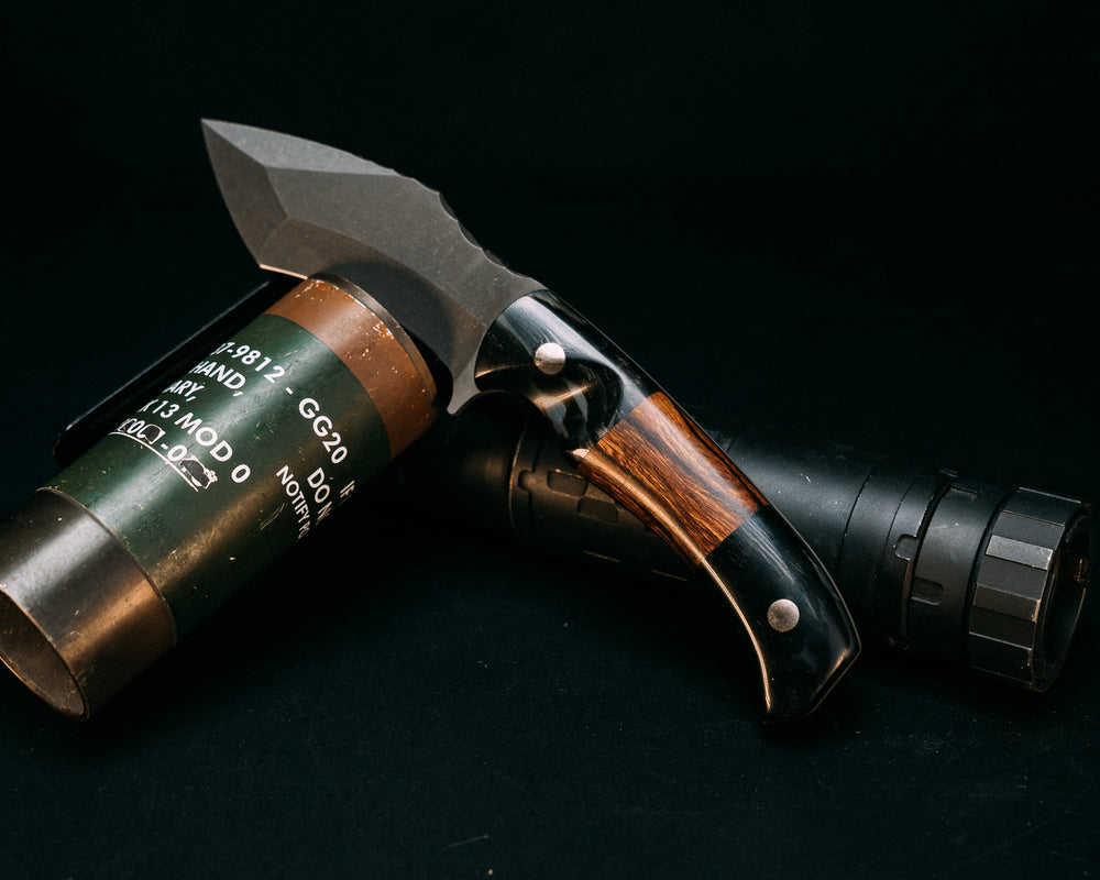 Buteo- Rams Horn, Desert Ironwood Split, Brass Pins, Contoured Grip