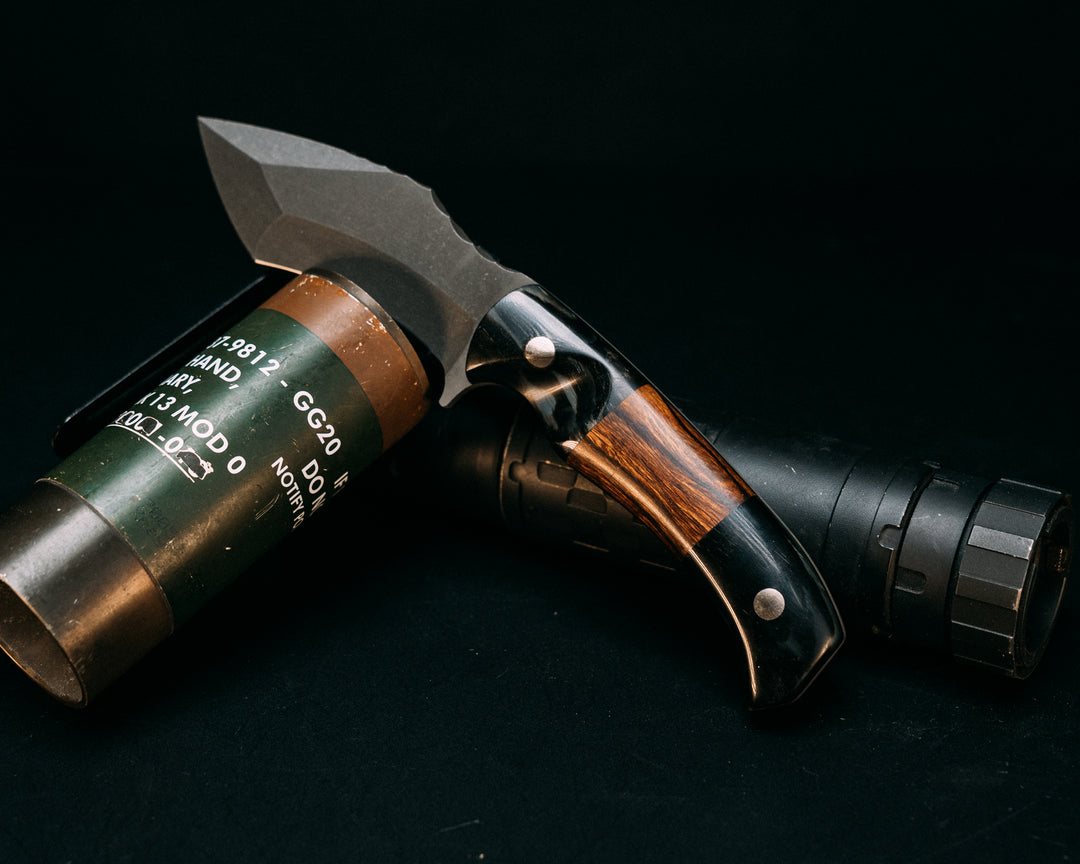 Buteo- Rams Horn, Desert Ironwood Split, Brass Pins, Contoured Grip