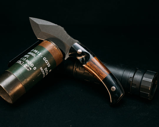 Buteo- Rams Horn, Desert Ironwood Split, Brass Pins, Contoured Grip