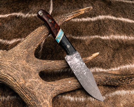 Crow Scout - Rams Horn, Brass and White G10 Pin Striping, Turquoise with Gold Web Tru-stone Split, Snakewood, Mosaic Pins, Brass Lanyard Pin, Smooth Grip