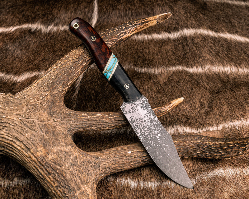 Crow Scout - Rams Horn, Brass and White G10 Pin Striping, Turquoise with Gold Web Tru-stone Split, Snakewood, Mosaic Pins, Brass Lanyard Pin, Smooth Grip