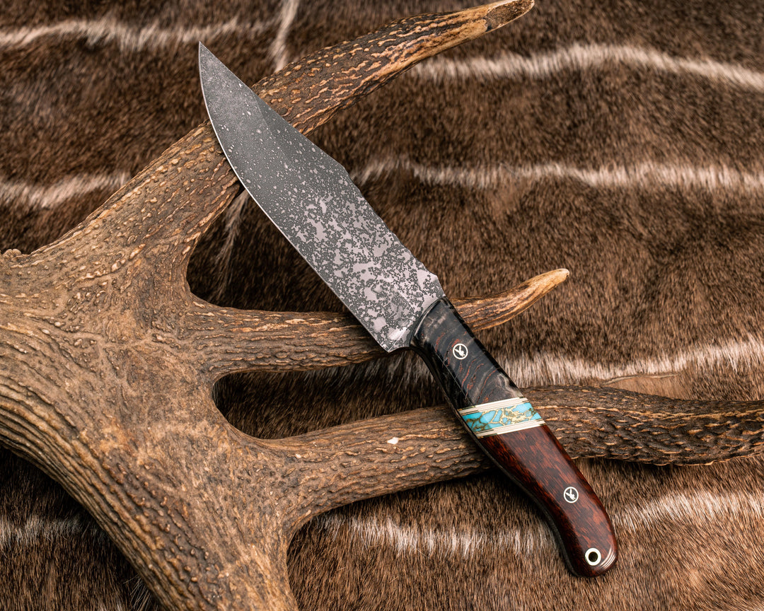 Crow Scout - Rams Horn, Brass and White G10 Pin Striping, Turquoise with Gold Web Tru-stone Split, Snakewood, Mosaic Pins, Brass Lanyard Pin, Smooth Grip