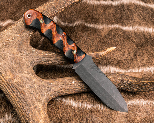 Disaster Breacher- Afzelia Burl Over Black Burlap Micarta, Mosaic Pins, Copper Lanyard Pin, Textured Grip