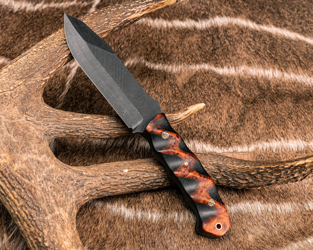 Disaster Breacher- Afzelia Burl Over Black Burlap Micarta, Mosaic Pins, Copper Lanyard Pin, Textured Grip