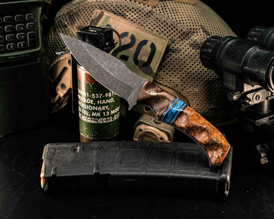 Ishi- Black G10, Brass, Blue G10 and White G10 Pin, Striping Light Denim Lapis Recon Stone Split, Afzelia Burl, Mosaic Pins, Textured Grip