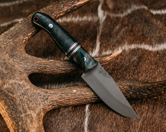 Crow Jr - Peacock G-carta, Black G10, Copper, Aluminum and Copper Dark Matter Carbon Split, Dyed Redwood, Mosaic Pins, Copper Lanyard Pin, Contoured Grip