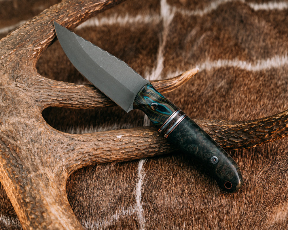 Crow Jr - Peacock G-carta, Black G10, Copper, Aluminum and Copper Dark Matter Carbon Split, Dyed Redwood, Mosaic Pins, Copper Lanyard Pin, Contoured Grip