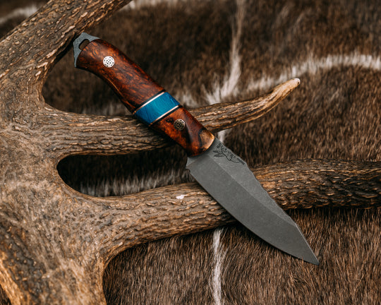Field Knife Jr- Amboyna Burl, Black G10 and Copper Pin Striping, Blue Juma Split, Mosaic Pins, Contoured Grip