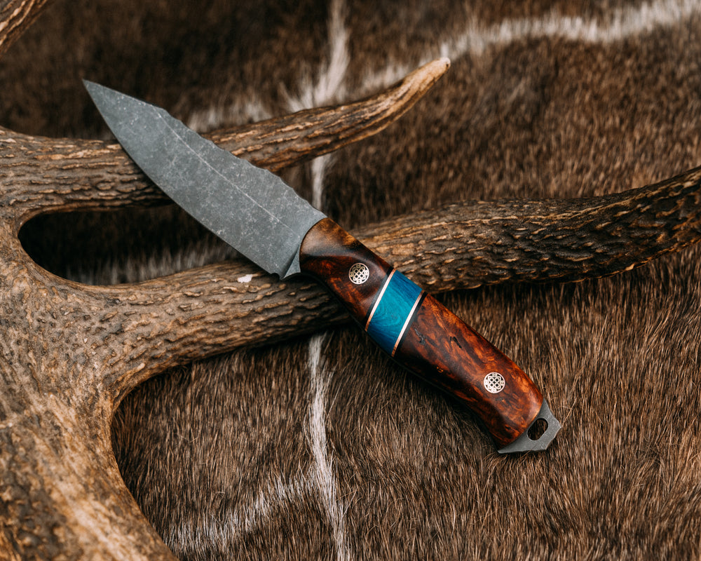 Field Knife Jr- Amboyna Burl, Black G10 and Copper Pin Striping, Blue Juma Split, Mosaic Pins, Contoured Grip