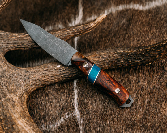 Field Knife Jr- Amboyna Burl, Black G10 and Copper Pin Striping, Blue Juma Split, Mosaic Pins, Contoured Grip