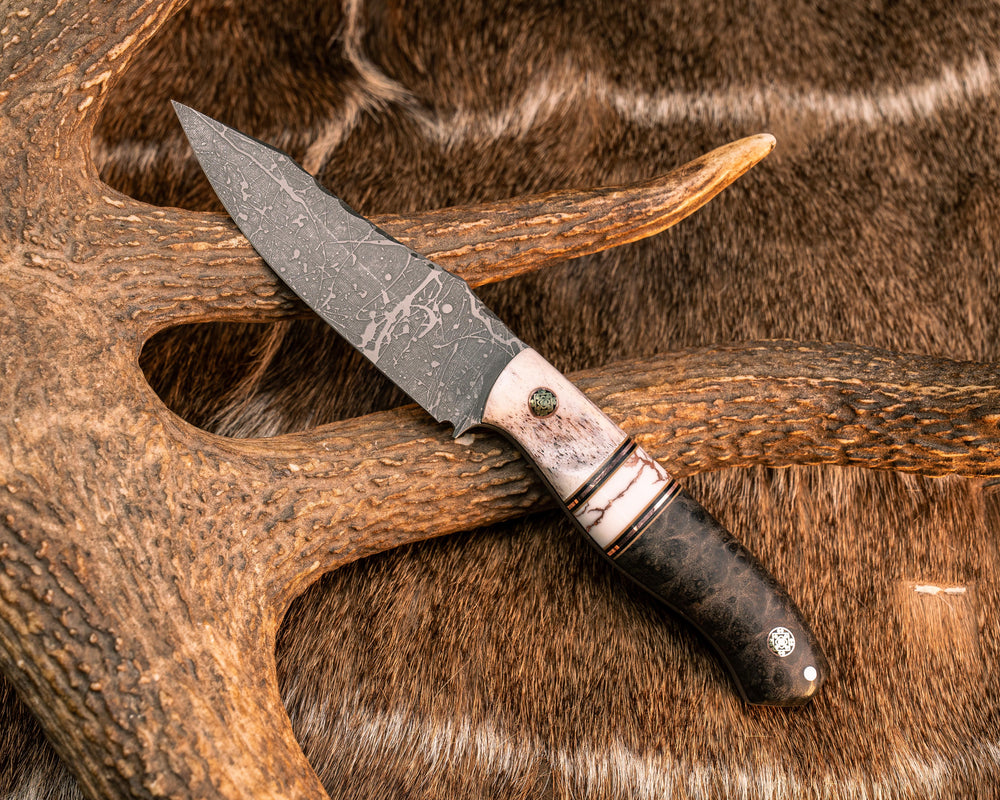 Field Knife Jr- CO Elk Antler, Coyote G10, Black G10 and Copper Pin Striping, White with Copper Matrix Tru-stone Split, Dyed Redwood, Mosaic Pins, 1/8" Copper Pin, Textured Grip