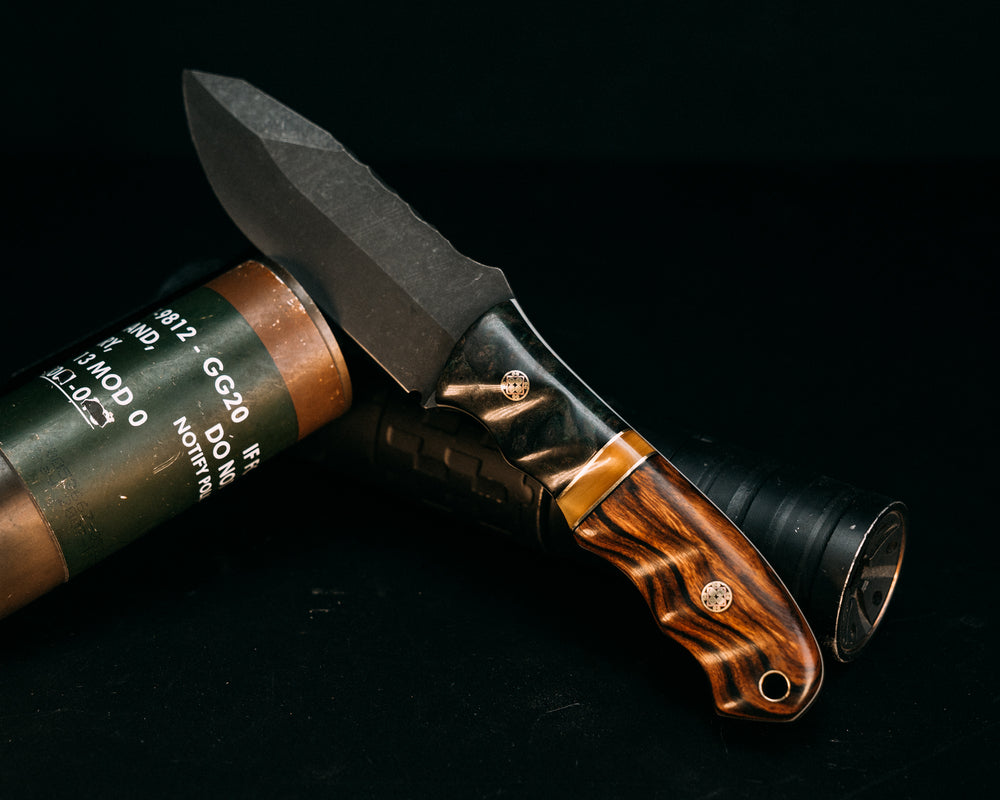 Disaster Jr- Dyed Redwood, Black G10 and Brass Pin Striping, Ultem Split, Desert Ironwood, Mosaic Pins, Brass Lanyard Pin, Grooved Grip