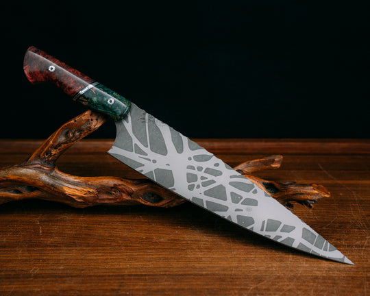 Chef Blade  10" - Dyed Maple, Black G10, Aluminum and OD Green G10 Split, Dyed Amboyna, Mosaic Pins, Smooth Grip
