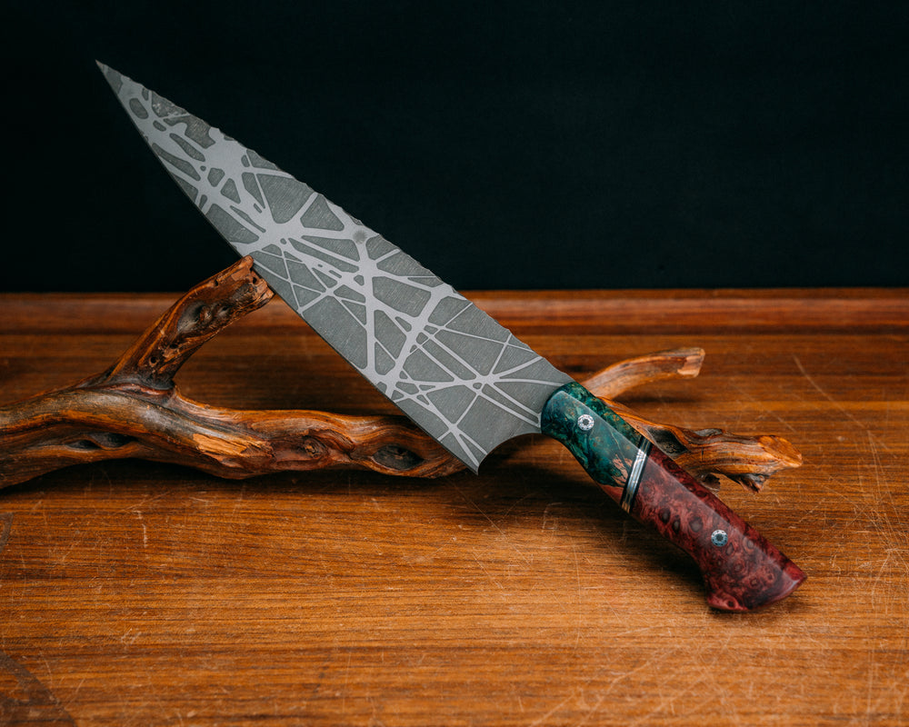 Chef Blade  10" - Dyed Maple, Black G10, Aluminum and OD Green G10 Split, Dyed Amboyna, Mosaic Pins, Smooth Grip