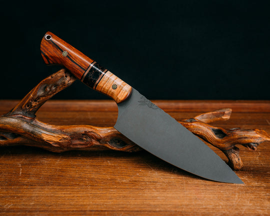 Chef Jr- Hawaiian Curly Koa, Black G10, Copper and Coyote G10 Pin Striping, Black with Copper Web Tru-stone Split, Desert Ironwood, Mosaic Pins, Copper Lanyard Pin, Smooth Grip