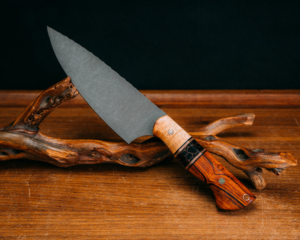 Chef Jr- Hawaiian Curly Koa, Black G10, Copper and Coyote G10 Pin Striping, Black with Copper Web Tru-stone Split, Desert Ironwood, Mosaic Pins, Copper Lanyard Pin, Smooth Grip
