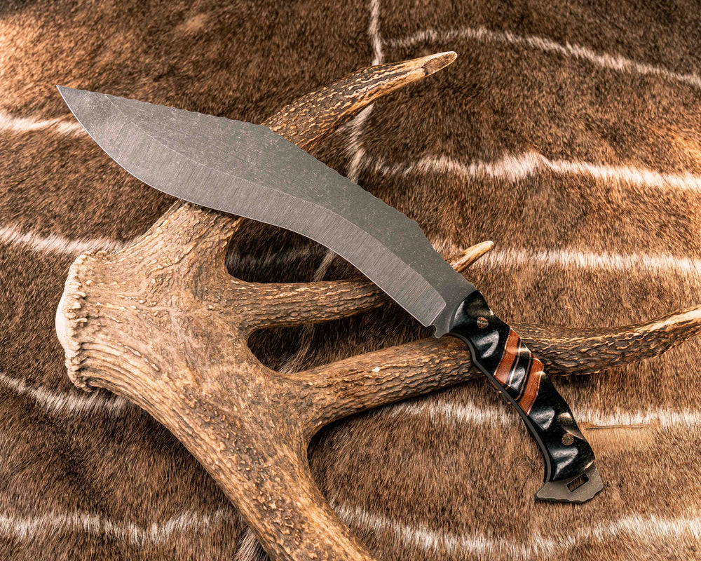 Kukri- Black Burlap Micarta, Copper and Black G10 Pin Striping, Natural Canvas Micarta and Black Burlap Micarta Split, Mosaic Pins, Textured Grip